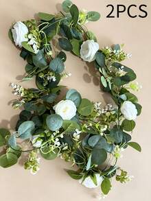 1 pieza/2 piezas, Guirnalda artificial de 6 pies de eucalipto con flores de rosa de seda falsa, hojas de eucalipto con semillas y follaje verde para arco de boda, mesa, pared, fondo, fiesta, habitación, decoración del hogar, dormitorio, baño, cocina - Blanco - Ver 9