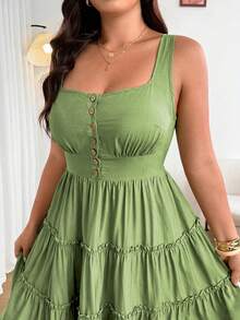 Vionelle Pastoral Fresh Ditsy Floral Spaghetti Strap A-Line Dress - Green - View 6