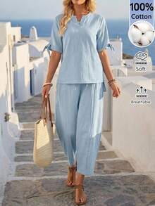 EMERY ROSE Women's 2pcs Light Blue Shirt + Ankle Pants Set Vacation Summer Casual Summer Outfits For Women Women Cotton Co Ord Set Cotton - Blue - View 1