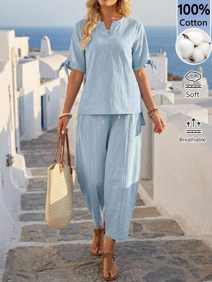 EMERY ROSE Women's 2pcs Light Blue Shirt + Ankle Pants Set Vacation Summer Casual Summer Outfits For Women Women Cotton Co Ord Set Cotton - Blue - View 1