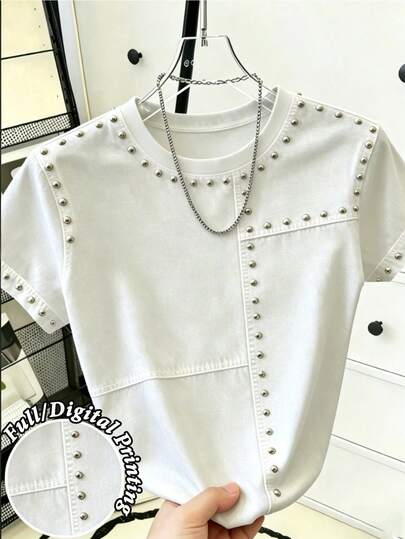 Resyla Best-Selling Recommended, American Minimalist Style Heavy Metal Rivet Patchwork Plus Size Women's Round Neck T-Shirt, Casual Outfit For Daily Shopping, Dating, School, Clean And Fresh Versatile Summer Style