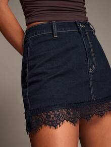 SHEIN BAE Rok Denim Wanita dengan Hiasan Renda di Bagian Bawah, Kancing, dan Resleting untuk Acara Kerja/Pesta - Dark Wash - View 7
