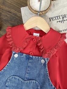 SHEIN 2件/套女嬰休閒可愛翻領長袖上衣與草莓刺繡裝飾吊帶褲套裝，適合春秋季節，日常穿著可愛休閒套裝 - 紅色 - 查看 6