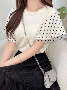FRIFUL Women's Wavy Ruffle Edge Striped Loose Color Block Short Sleeve T-Shirt, Summer Top For Women - Apricot - View 4