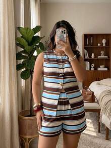 Auralis Summer All-Season Navy Blue Striped Knit Stretch Printed Pattern Plus Size Women's 2 Pieces Blazer Set Elegant Casual Commute Vacation Beach Brunch - Multicolor - View 6