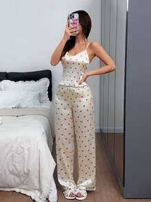 Dream Adore Bowknot Print Faux Silk Camisole & Long Pants Women's Pajama Set - Apricot - View 6