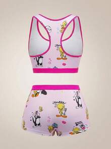 LOONEY TUNES X SHEIN 女士可爱卡通图案修身背心文胸和宽松内裤 2 件内衣套装，舒适 - 粉色 - 查看 2