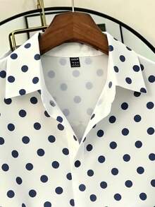 SHEIN Franclia Women's Elegant French White Polka Dot Lapel Half-Open Loose Short Sleeve Shirt, Summer, Teachers' Day, Party Brunch, Beach, Graduation, Casual Shirt - White - View 3