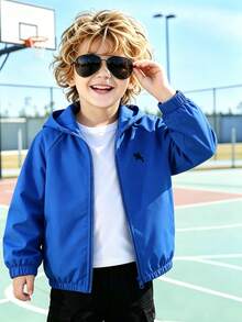 SHEIN Genkimix Kids 1件小男孩休閒極簡街頭連帽長袖外套，時尚休閒設計，適合夏季穿著，適合4-7歲男孩日常穿著，適合運動、外出、校園及返校季節 - 藍色 - 查看 3