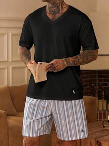 DAZY Short Sleeve Top And Shorts Set With Small Pattern Embroidery, Multi-Color Men's Loungewear - Black - View 4
