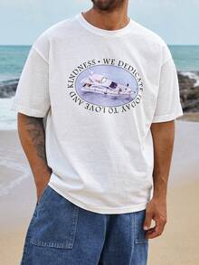 DAZY Men's Short Sleeve T-Shirt With Yacht & Letter Print Graphic Tee Summer - White - View 4