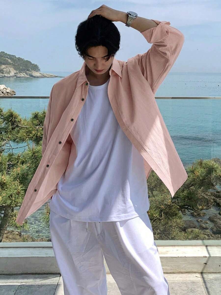 DAZY 男士春季纯粉色长袖休闲衬衫 - 粉色 - 查看 1