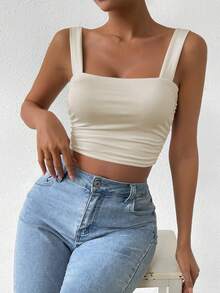 Allurite Women's Solid Color Pleated Crop Fitted Camisole For Summer - Beige - View 4