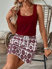 SHEIN LUNE Gaun Pendek Kasual Bermotif untuk Wanita, Cocok untuk Musim Semi dan Musim Panas - Burgundy - View 6