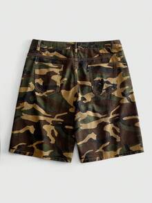ROMWE MEN 男款口袋鈕扣迷彩仿珍珠裝飾休閒百搭日常旅行牛仔短褲 - 軍綠色 - 查看 2