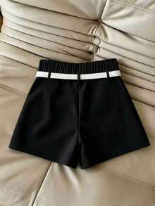 Franclia Pantalones cortos de mujer de unicolor y cintura elástica, adecuados para el transporte en verano - Negro - Ver 2
