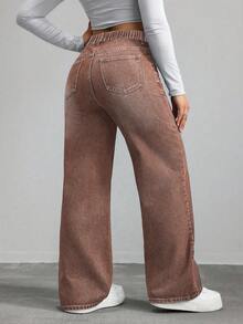 SHEIN ICON 大尺碼休閒直筒牛仔長褲 - 棕色 - 查看 2