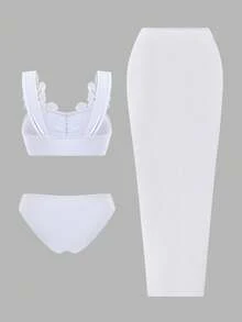 Bonvoyette-D 女款春夏純色抹胸3D花卉長裙三件式比基尼套裝 - 白色 - 查看 4