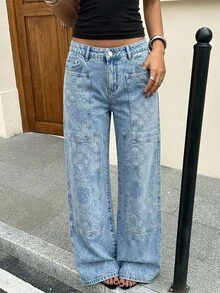 SHEIN EZwear 大码休闲水洗口袋阔腿牛仔裤 - 淺色水洗藍 - 查看 3
