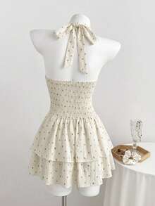 Elamini Rochie casual de petrecere pentru femei, cu imprimeu floral, dantelă, guler halter cu legătură și volane - Caisă - Vizualizare 2