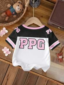 THE POWERPUFF GIRLS X SHEIN 女婴花朵、泡泡、毛茛图案撞色圆领短袖上衣 - 白色 - 查看 2