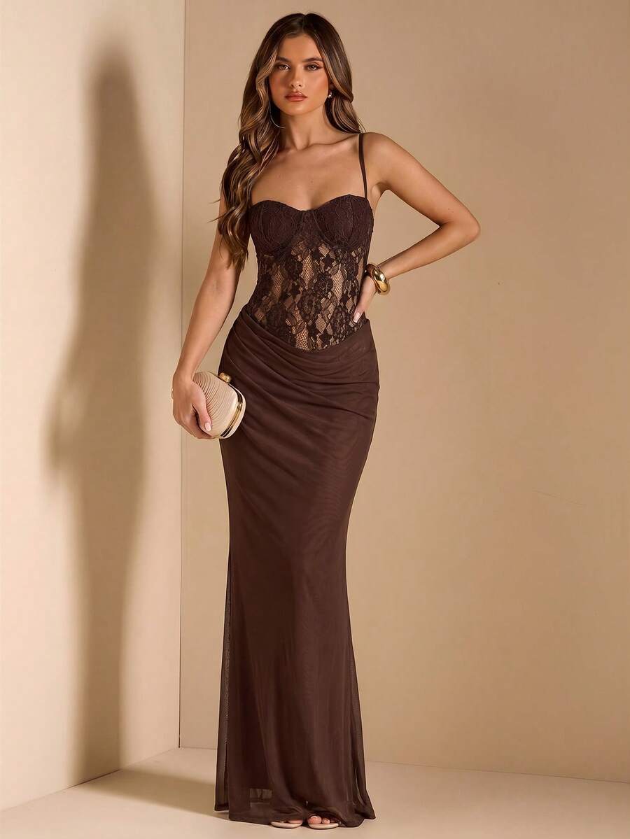 SHEIN BAE Spitzen-Patchwork-Ärmellos-Mesh-Meerjungfrau-Kleid, gelbes Kleid, elegantes Kleid, Urlaubskleid, Brautjungfern-Minikleid, Geburtstags-Minikleid, Rückkehr zur Schule & Abschlusskleid - Kaffeebraun - Übersicht 1