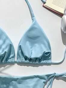 Swim Mod Women's Summer Halter Neck Triangle Cup Side Tie Sexy Dual Fabric Bikini Swimsuit For Beach Vacation - Baby Blue - View 6