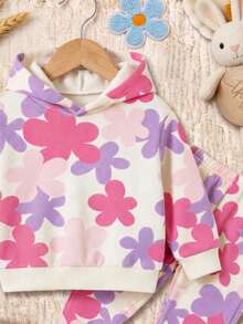 2pcs/Set Baby Girl Floral Print Contrast Color Hooded Sweatshirt & Pants Outfit, Suitable For Autumn, Winter, Spring, Indoor & Outdoor Daily Wear - Multicolor - View 3