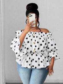 Maweii Camisa de botones con hombros descubiertos, volantes y estampado de lunares para mujer talla grande, de verano - Multicolor - Ver 6