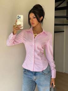 SHEIN EZwear 灰粉色條紋梭織女款襯衫 辦公室秋季優雅風 - 粉色 - 查看 8