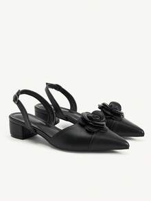 CUCCOO CHICEST 女款尖頭花卉撞色日常百搭時尚粗跟短跟鞋 - 黑色 - 查看 8