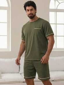 DAZY Solid Color Military Green Short Sleeve T-Shirt And Shorts Pajama Set For Men, Summer - Army Green - View 4