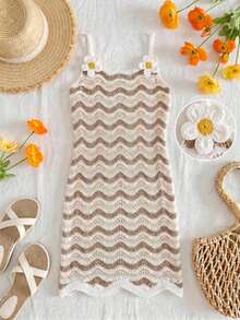 SHEIN Tween Girl 3D Floral Decor Wavy Pattern Colorblock Casual Vacation Cover-Up Strap Dress - Coffee Brown - View 8
