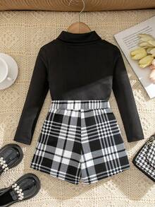 SHEIN Young Girl Heart Print High Neck Long Sleeve T-Shirt And Houndstooth Skort Set - Multicolor - View 4
