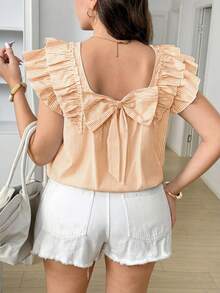 SHEIN LUNE Plus Size Women's White Flutter Sleeve Back Bow Decor Blouse Vacation Summer Boho Cute Fairycore Party - Multicolor - View 3