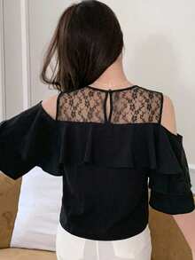 DAZY Contrast Mesh Short Sleeve Round Neck Ruffle Trim Women's Blouse - Black - View 2