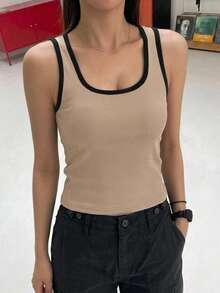 DAZY 女款拼色基礎運動背心 夏季 - 卡其色 - 查看 5