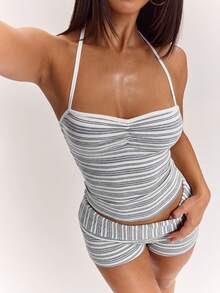 SHEIN BAE 女款夏季白色與灰色條紋休閒細肩帶背心上衣，適合日常穿著、夏季度假，百搭時尚細肩帶背心上衣，夏季上衣，條紋背心上衣，拼色上衣 - 白色 - 查看 6