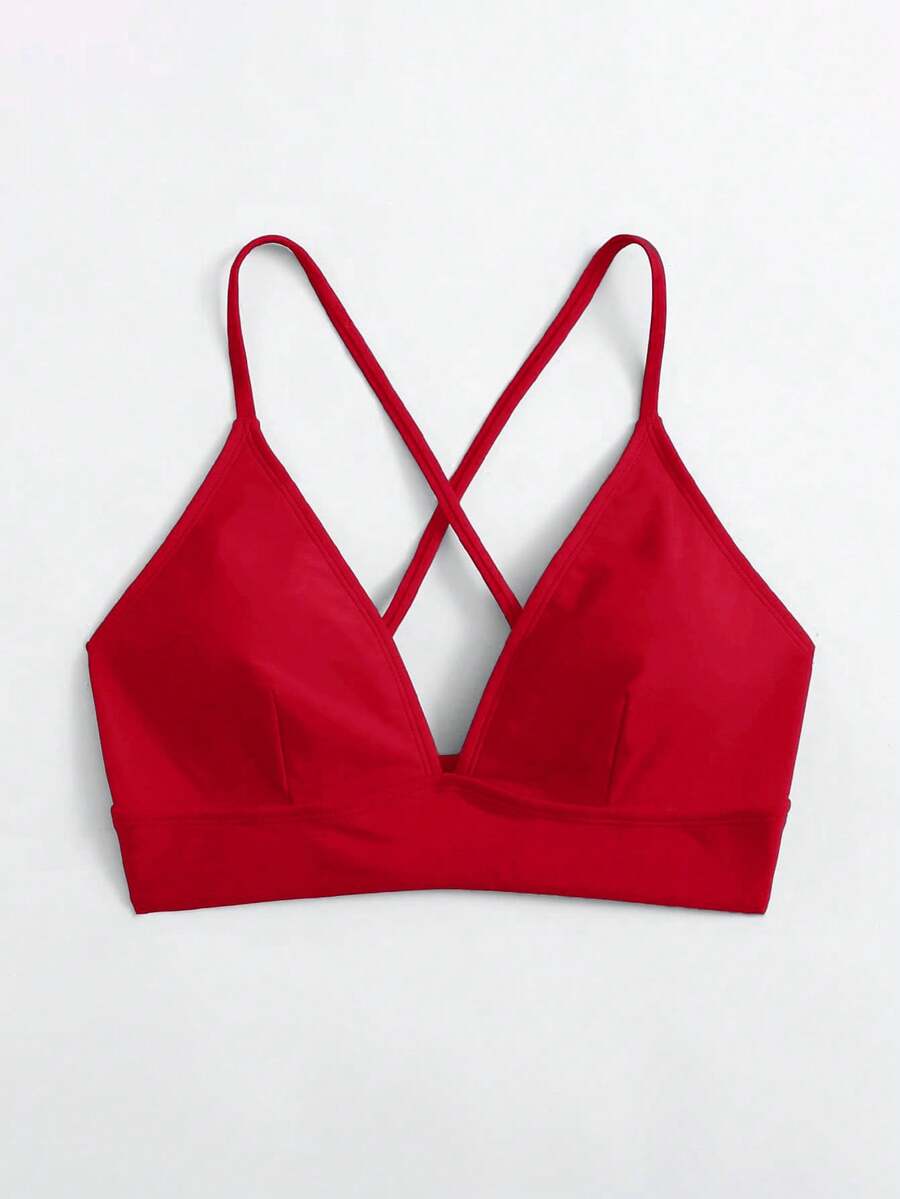 Swim Basics 女款夏季海灘純色交叉背比基尼上衣 - 紅色 - 查看 1