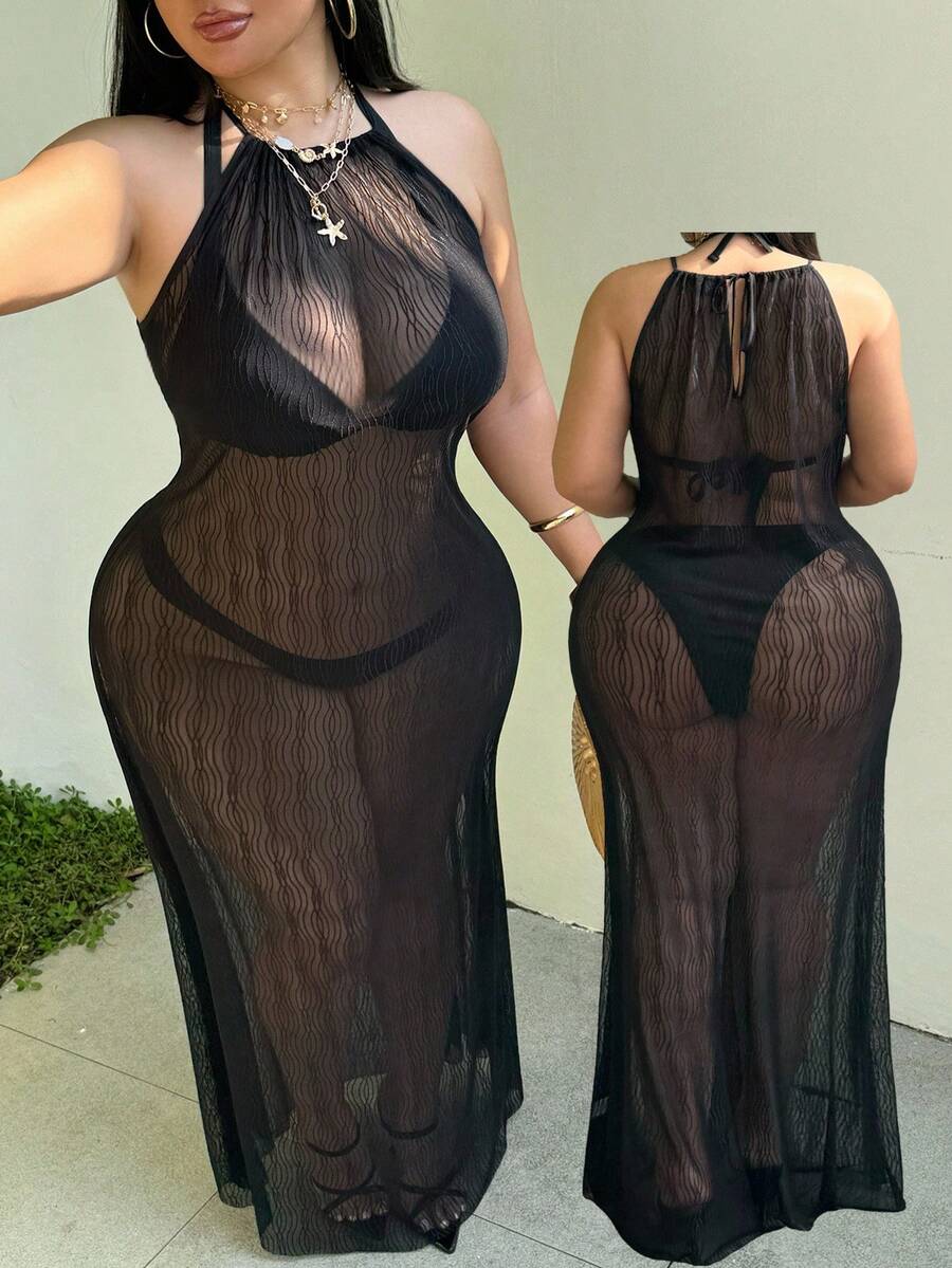 Swim SXY Vestido largo de cobertura sin mangas y transparente de unicolor para tallas grandes - Negro - Ver 1