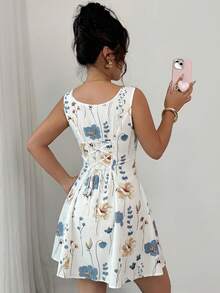 Rafferiza Ditsy Floral Print Square Neck Tie Waist A-Line Sleeveless Women's Dress - White - View 2