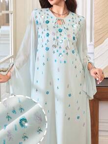 Al Najma Spring/Summer Fashion Elegant Blue Dress With Chiffon Sleeves And Tie, Loose And Long - Blue - View 7