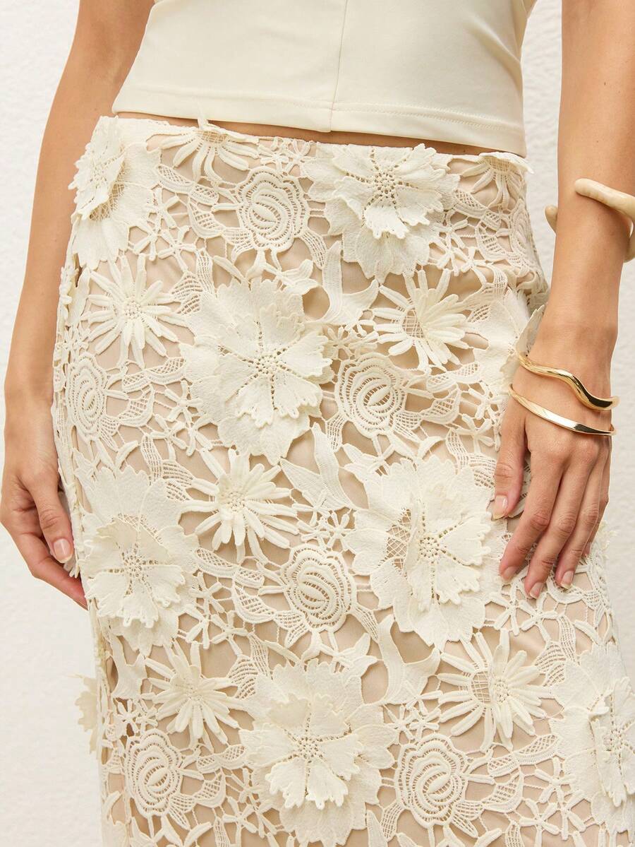 CielaLinda Women's Embroidered Eyelet Lace Skirt, Elegant Romantic Summer Wedding Beige - Apricot - View 1