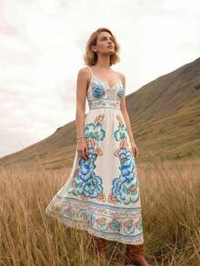CAJUNI Women's Elegant Tropical Boho Floral Print Strap Dress For Vacation Picnic White And Blue Floral Summer - Multicolor - View 3