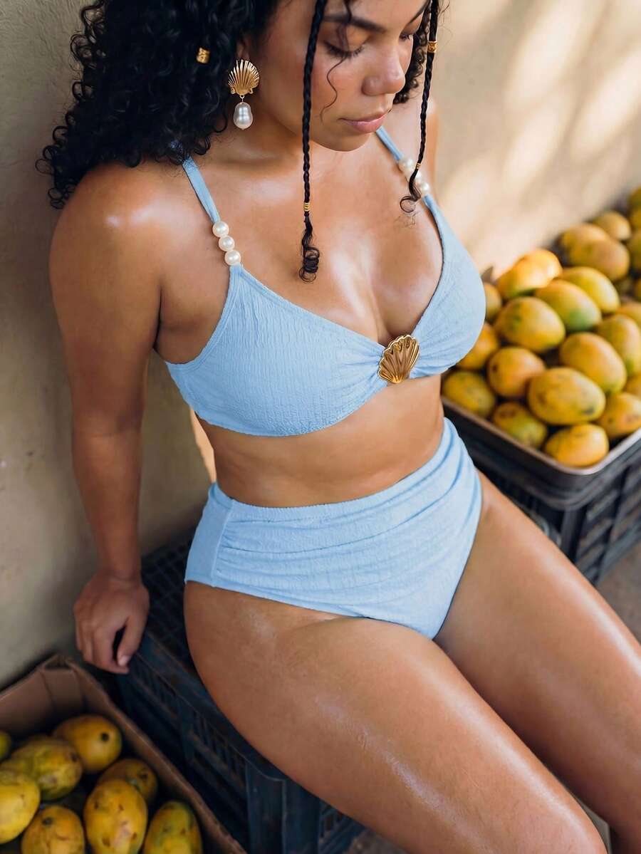 Swim Mod Plus Size Women 2pcs Solid Color Shell Decor Top High Waist Triangle Bottom Cute Beach Vacation Minimalist Daily Bikini Set - Blue - View 1