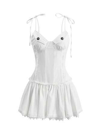 Vestido mini de mujer Aniyerecords con decoración romántica de utilidad, ribete de encaje y patchwork