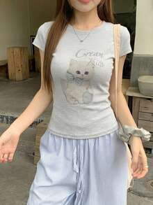 DAZY Camiseta de mujer ajustada con diseño de estampado animal para primavera y verano, top lindo - Gris Claro - Ver 4