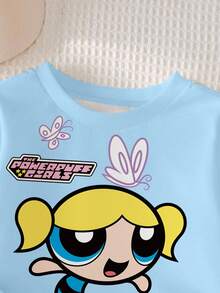 THE POWERPUFF GIRLS X SHEIN Áo nỉ dài tay cổ tròn họa tiết bong bóng cho bé gái - trắng - Xem 4