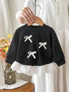 SHEIN 女嬰時尚刺繡蕾絲下擺印花運動衫 - 黑色 - 查看 3