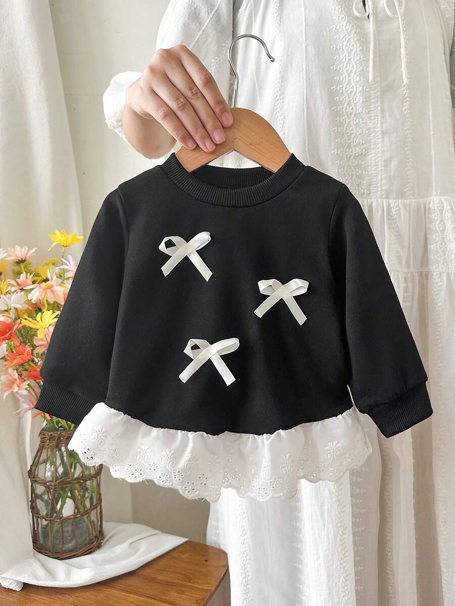 SHEIN Baby Girl Fashion Embroidered Lace Hem Print Sweatshirt Back-To-School Evening City Break Black And White Autumn Cute Fairy - Black - View 1